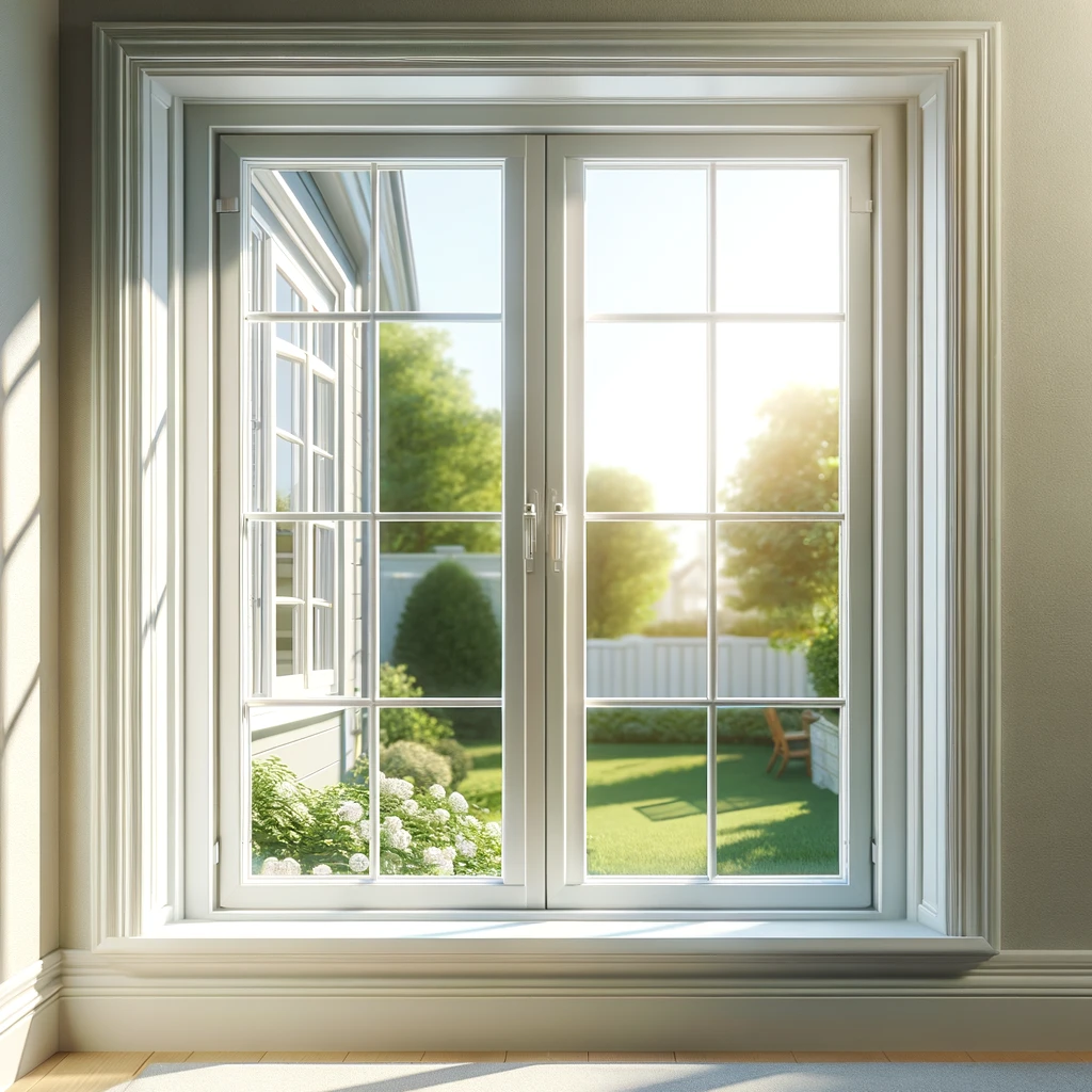 Dall·e 2024 03 11 22.05.00 A Typical Home Window, Featuring A Classic Design With A White Wooden Frame. The Window Is Set Into The Wall Of A Residential House, Providing A Clear